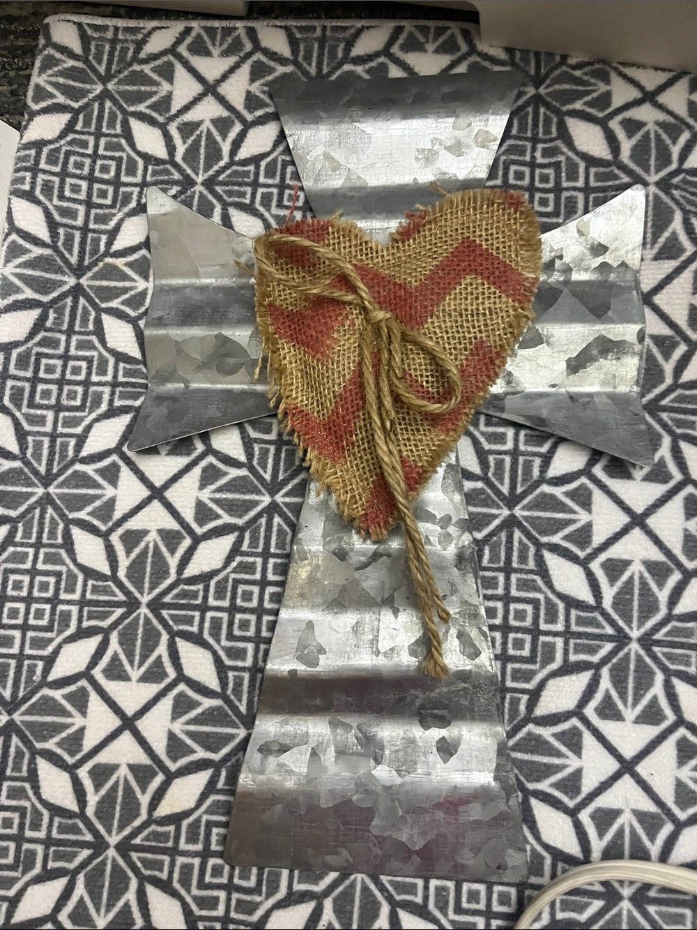 Rustic Galvanized Cross with Burlap Chevron Heart Perfect Decor piece wall 683